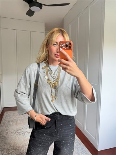 Gri , Vatkalı Oversize , Modal Bluz