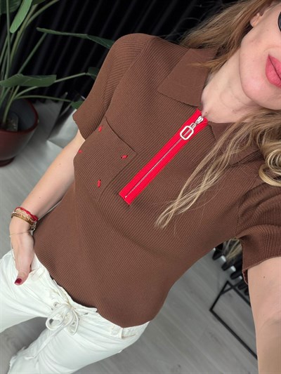 Polo Yaka , Fermuarlı , Premium Acıkahve Triko