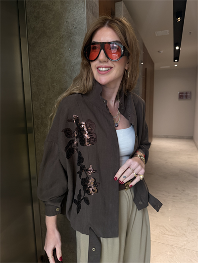 Pul Payet İşlemeli , Acıkahve , Premium Tencel , Bomber Ceket