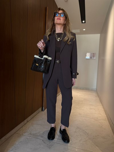 Orijinal Model , Premium , Acıkahve , Kemerli Blazer & Pantolon Takım