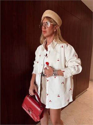 Orijinal Model Kiraz Nakışlı Ekru Gabardin Ceket