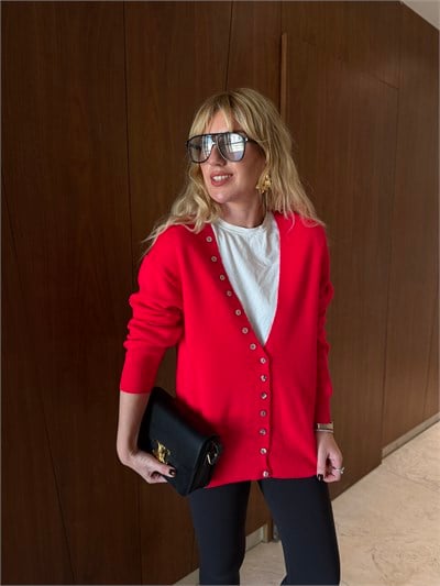 Boydan Düğme Detaylı , Kırmızı Triko Hırka