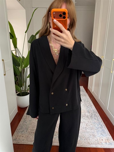 Dört Düğmeli , Premium Double Tencel , Siyah Blazer Takım