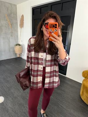 Boncuk Zımbalı , Bordo Beyaz , Ekoseli Oduncu Gömlek