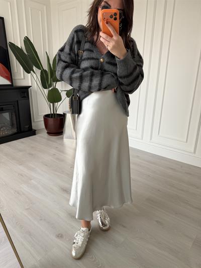 Beli Gizli Lastikli Pamuk Saten , Gümüş Etek