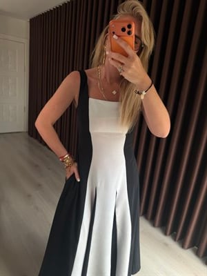 Siyah & Beyaz , Kare Yaka Tencel Elbise