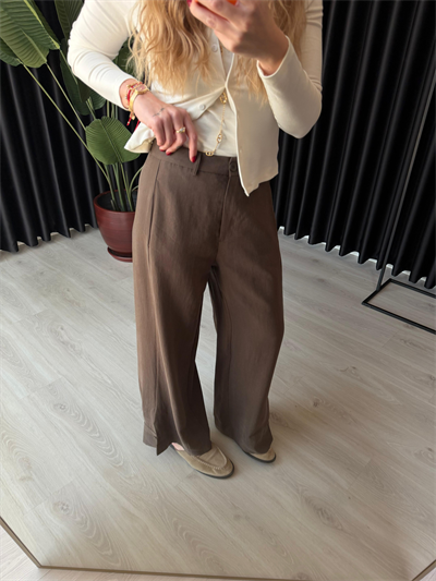 Acıkahve Premium Tok Tencel Kumaş, Paçası Düğme Detaylı Pantalon 