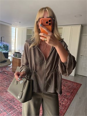 Vizon, Taşlı Belden Büzgülü Premium Tencel Ceket