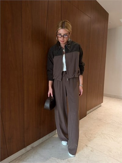 Orijinal Model , Deri Yakalı , Kadife Detaylı , Acıkahve Tencel Takım
