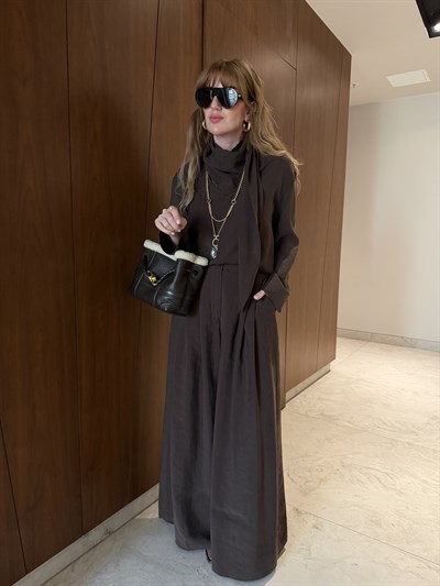 Acıkahve Orijinal Model Fular Yakalı Gömlek & Pantalon Premium Tencel Takım