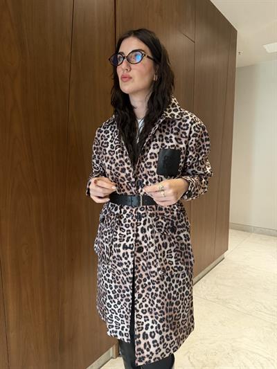 Orijinal Model , Deri Cep Aksesuarlı , Leopar Mevsimlik Mont