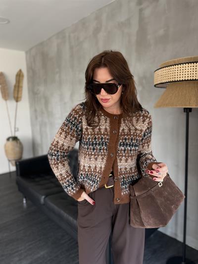Orijinal Model , Taba & Siyah , Baklava Desenli Triko Hırka