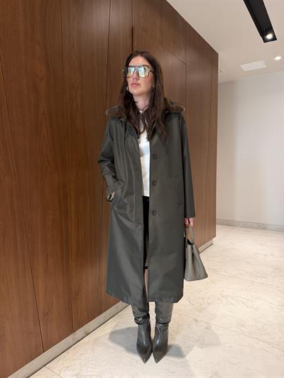 Çıkarılabilir Kürk Yakalı , İçi Ekose Astarlı , Premium Haki Trençkot