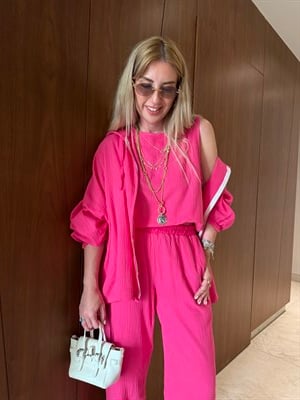 Pembe , Premium Üçlü Müslin Takım