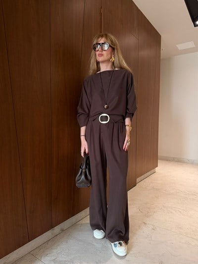 Kayık Yaka , Premium Tencel , Acıkahve Takım