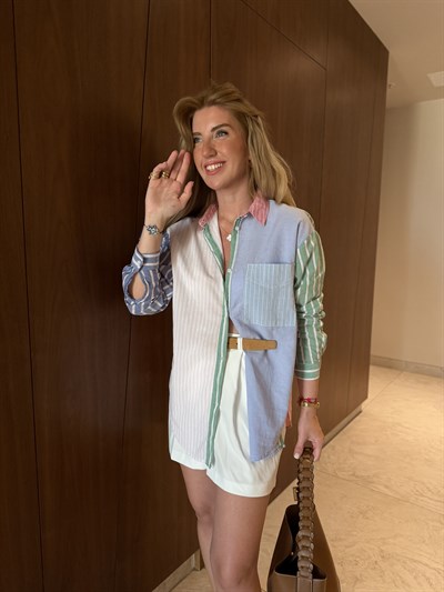 %100 Cotton , Yeşil & Mavi Şeritli , Tasarım Gömlek
