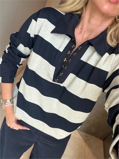Metal Kopçalı , Lacivert Şeritli , Polo Yaka Sweatshirt