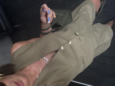 Gold Deniz Kabuğu Düğmeli, Kemerli Haki Premium Keten Takım