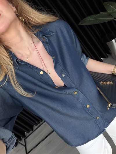 Lacivert Kravatlı Premium Tencel Jean Gömlek