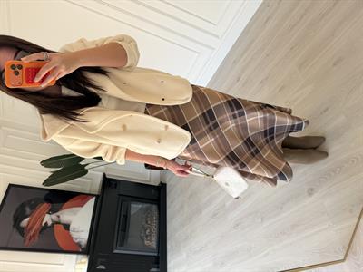 Beli Gizli Lastikli Kahve & Bej Ekoseli Tok Saten Etek