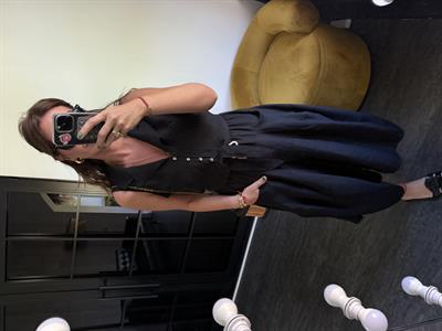 Siyah Önden Düğmeli, Arkası Lastikli Premium Tencel Yelek