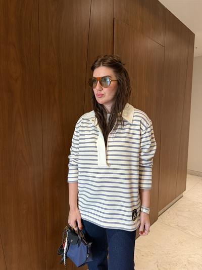 Yarım Fermuarlı , Lacivert Çizgili , Polo Yaka Sweatshirt