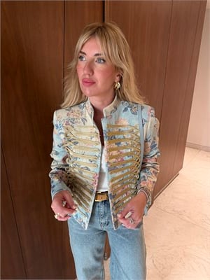 Buz Mavisi , Çiçek Desenli , Parıltılı Gold Napolyon Ceket