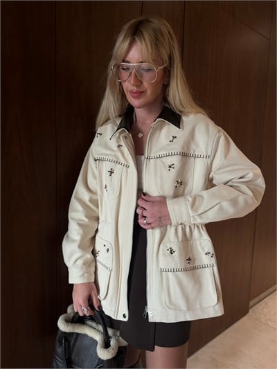 Orijinal Model Taş İşlemeli Deri Yakalı Premium Gabardin Ceket