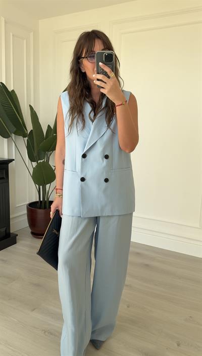 Blazer Yelek & Pantolonlu , Bebe Mavisi Premium Takım