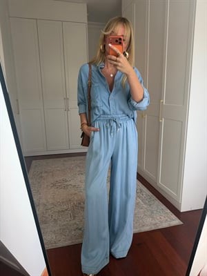 %100 Cotton , Tencel , Gömlek & Beli Lastikli Pantolon , Buz Mavisi Premium Takım