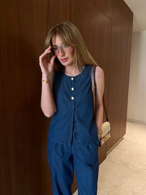 %100 Cotton Tencel , Baggy Pantolon & Yelek Bluz Jean Takım