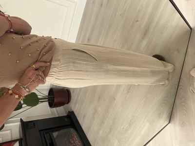 Arka Beli Lastikli , Camel Çizgili , Keten Dokulu , Bej Pantolon