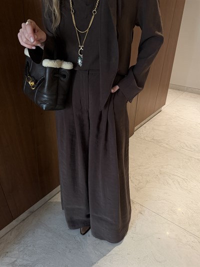 Acıkahve Orijinal Model Fular Yakalı Gömlek & Pantalon Premium Tencel Takım