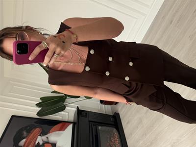 Taş Düğmeli, Acı Kahve Yelek & Pantalon Takım