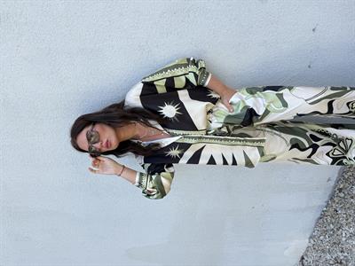 Orijinal Model , Beli Lastikli , Pantolon & Gömlek , Desenli , Yeşil Saten Takım