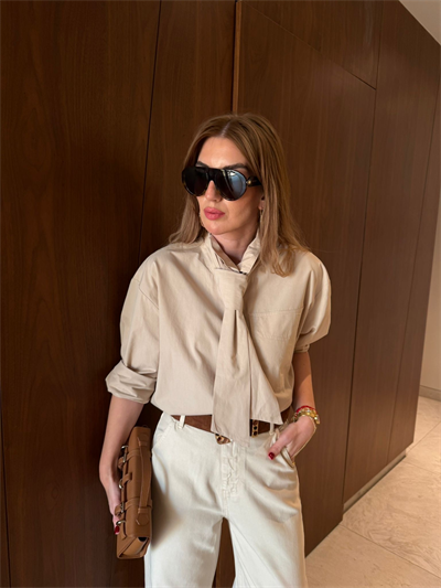 Orijinal Model , Bej , %100 Koton , Fularlı Poplin Gömlek