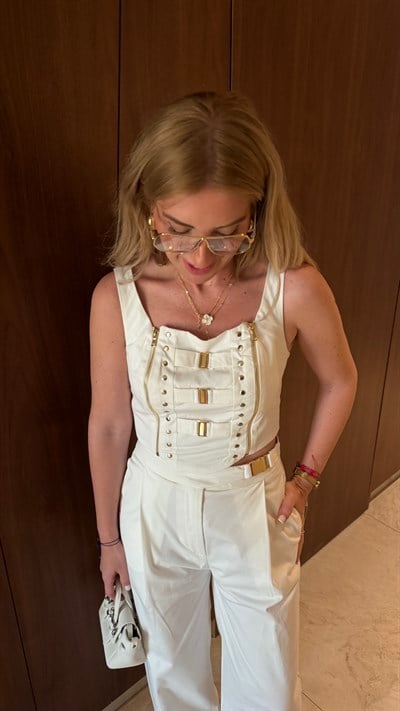 Orijinal Model , Gold Kilit Aksesuarlı , Ekru Yelek & Pantolon Takım