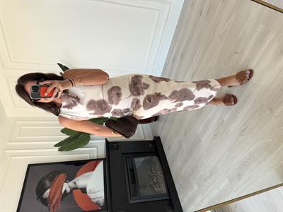 Orijinal Model , Vizon Çiçekli , Keten Dokulu Elbise