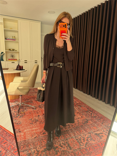 Acıkahve Deri Kemerli Premium Etek