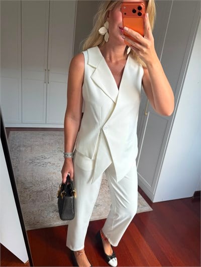 Asimetrik Kesim , Yelek & Pantolon , Premium Beyaz Takım
