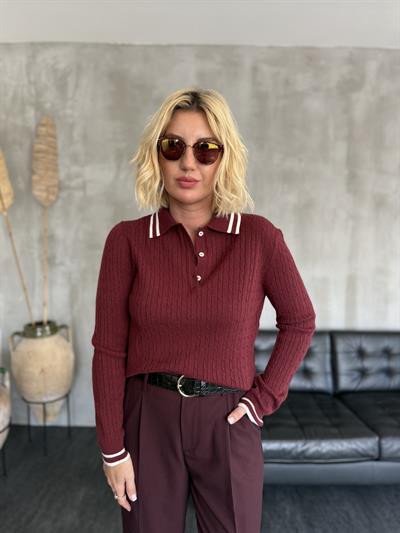 Polo Yaka , Yumuşacık , Düğmeli Bordo Triko