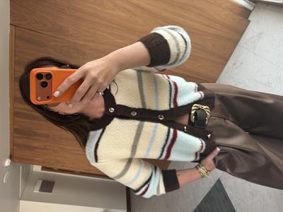 Tasarım Gold Düğmeli , Renkli Çizgili , Triko Hırka