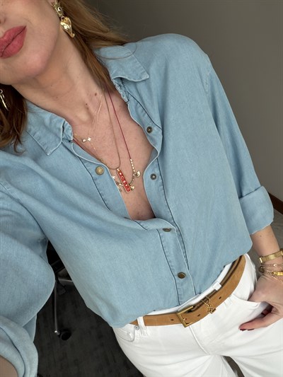 Mavi Kravatlı Premium Tencel Jean Gömlek