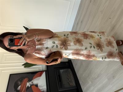 Pudra Pastel Çiçek Desenli , İnce İp Askılı , Premium Elbise