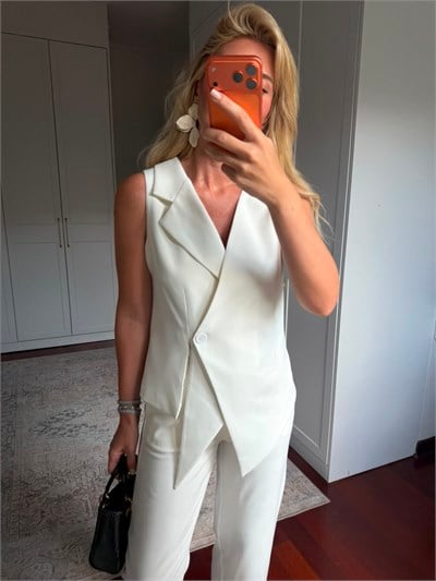 Asimetrik Kesim , Yelek & Pantolon , Premium Beyaz Takım