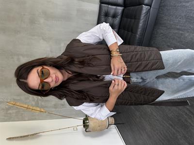 Arkası Triko Detaylı , Kuşaklı , Acı Kahve Puff Yelek