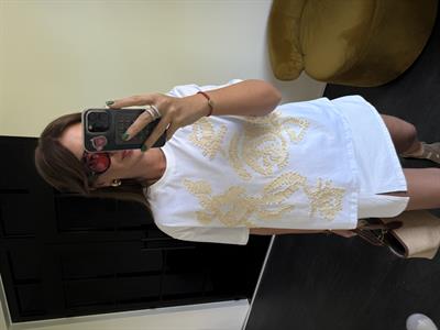 Bej Kabartmalı , %100 Coton , Beyaz T-shirt