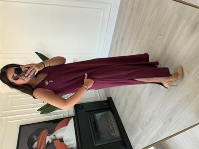 Yakası Taş İşlemeli , V Yaka , Mürdüm Elbise