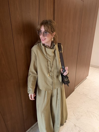 Yağ Yeşili Orijinal Model Fular Yakalı Gömlek & Pantalon Premium Tencel Takım