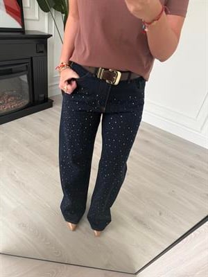 Önü Komple Taşlı Lacivert Jean Pantolon